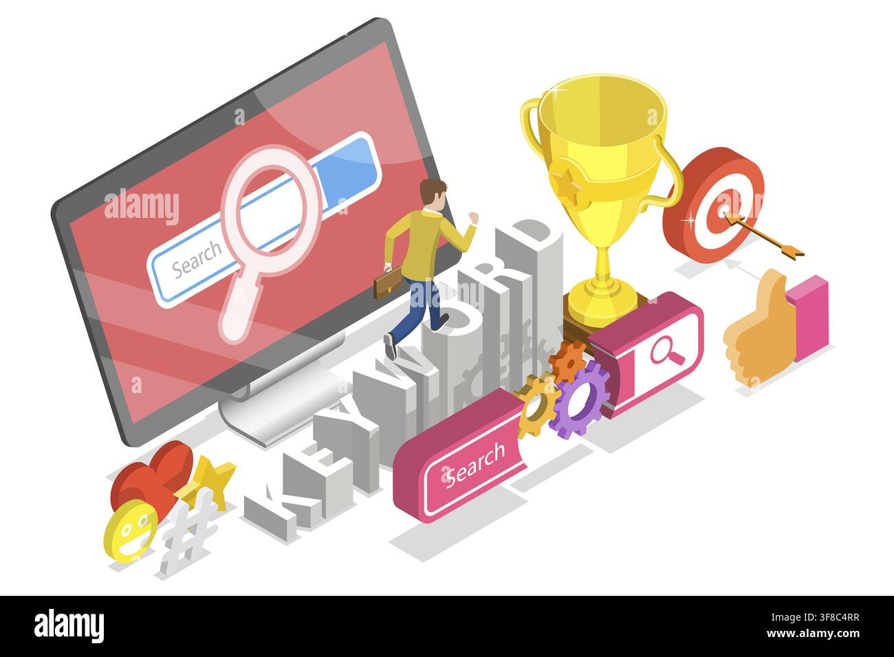 Illustrazione concettuale piatta isometrica 3D del posizionamento SEO delle parole chiave, dell'analisi e della ricerca delle parole chiave Foto Stock