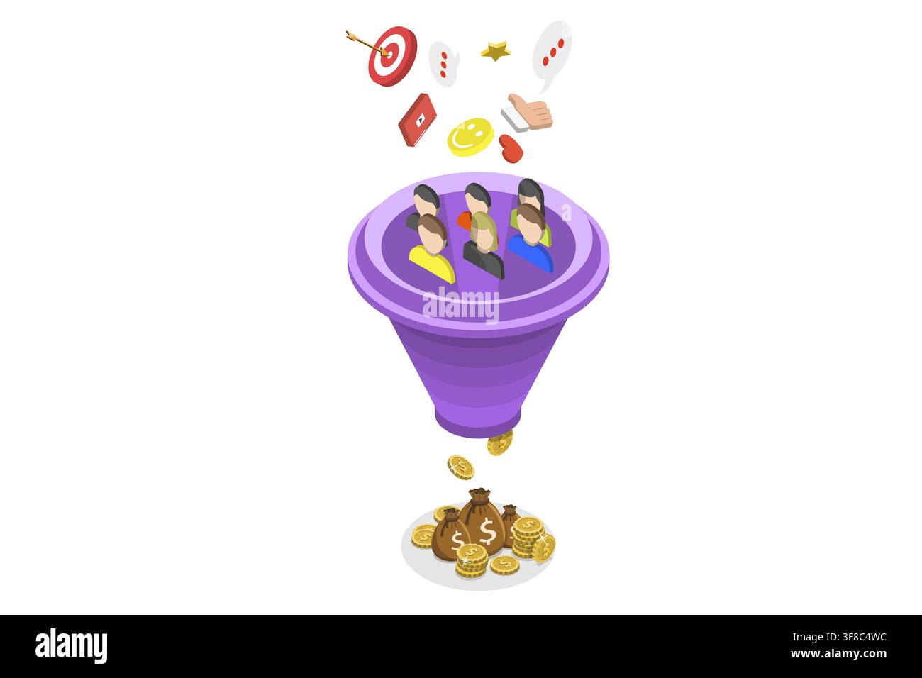 Modello di landing page piatto isometrico per funnel di conversione, ottimizzazione dei tassi, strategia di marketing digitale Foto Stock