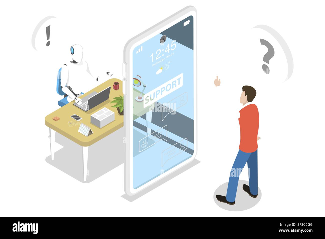 Concetto piatto isometrico 3D di un assistente chatbot per il supporto clienti, IA, Intelligenza artificiale, Strategia di marketing Foto Stock