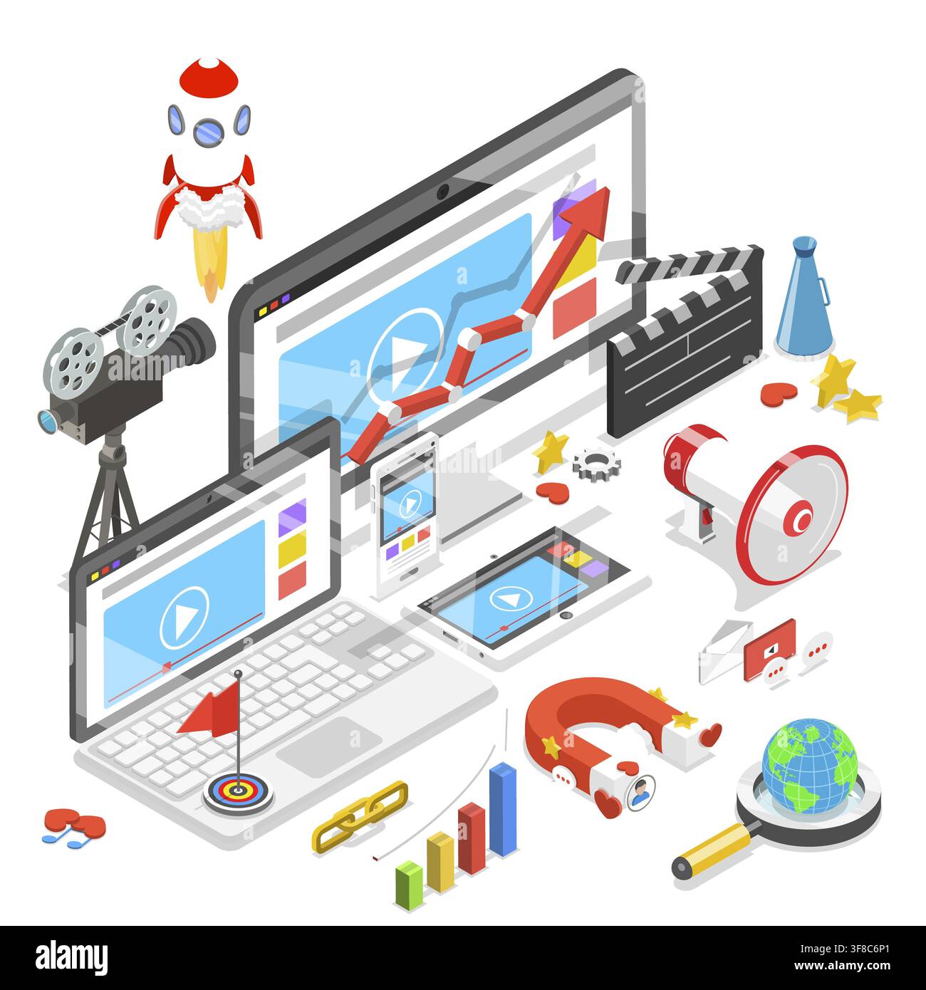 Concetto isometrico piatto del marketing video digitale, pubblicità, social media, SEO Foto Stock