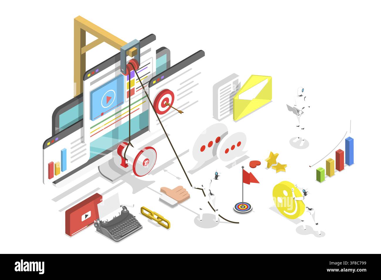 Concetto piatto isometrico di automazione del marketing digitale, strategia dei social media, IA, chatbot Foto Stock