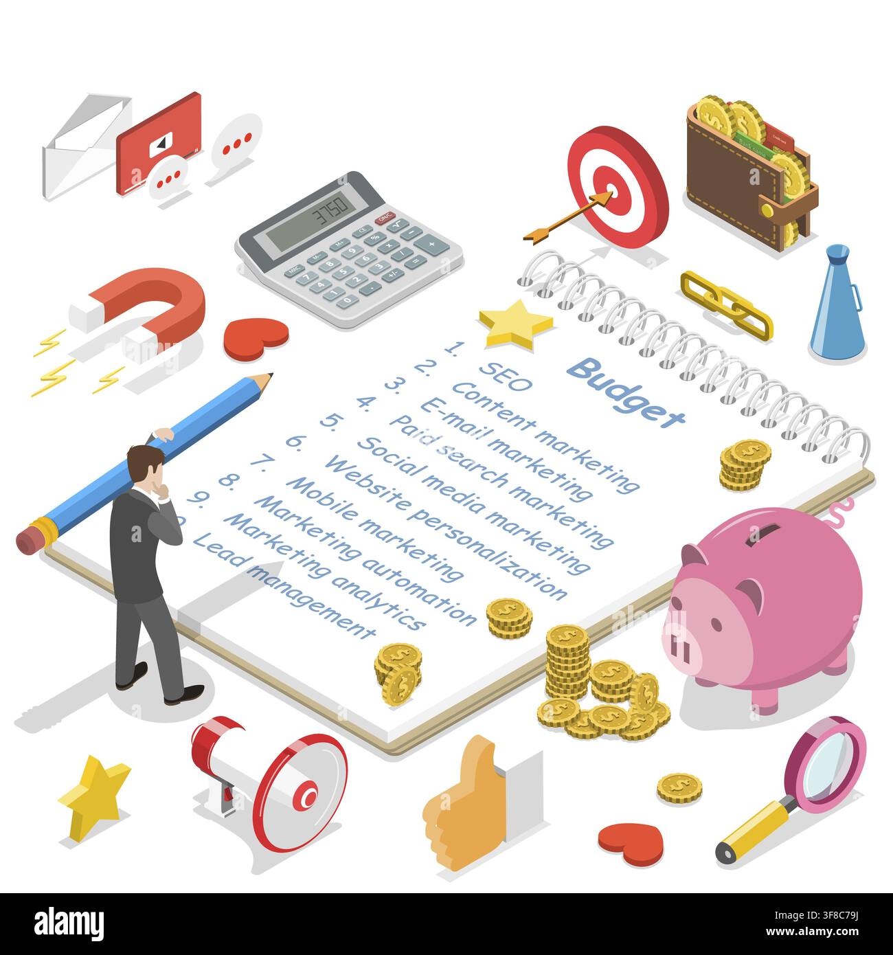 Concetto isometrico piatto di budget di marketing digitale, SEO, ROI, calcolo della campagna pubblicitaria Foto Stock