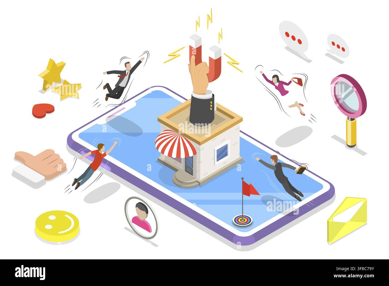 Concetto piatto isometrico della strategia di marketing inbound digitale, generazione di lead, attrazione e fidelizzazione dei clienti Foto Stock