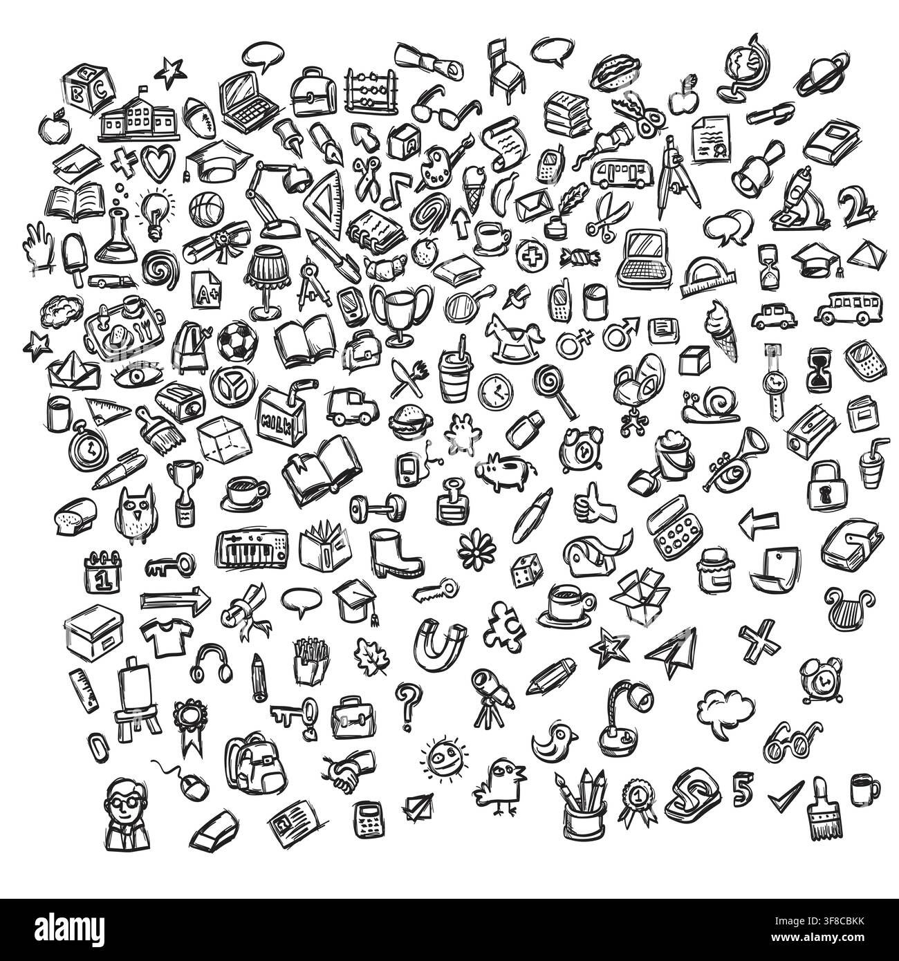 Set di oggetti da disegno usati per illustrazioni decorative, schizzo vettoriale con linee nere Illustrazione Vettoriale