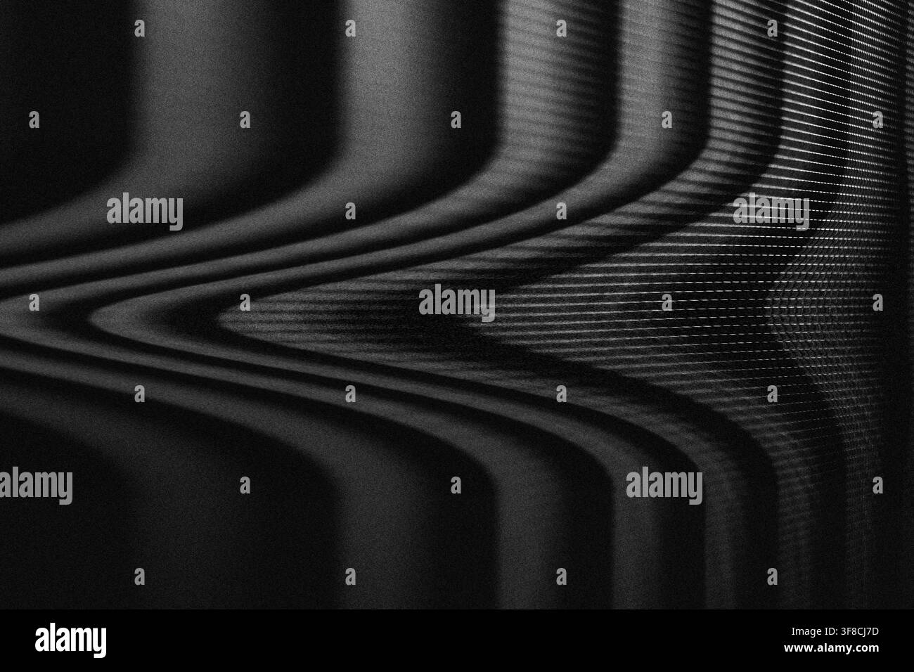 Sfondo monocromatico ad alto contrasto con distorsione analogica ondulata e texture di linee di scansione granulose, ideali per temi retro-tech. Foto Stock