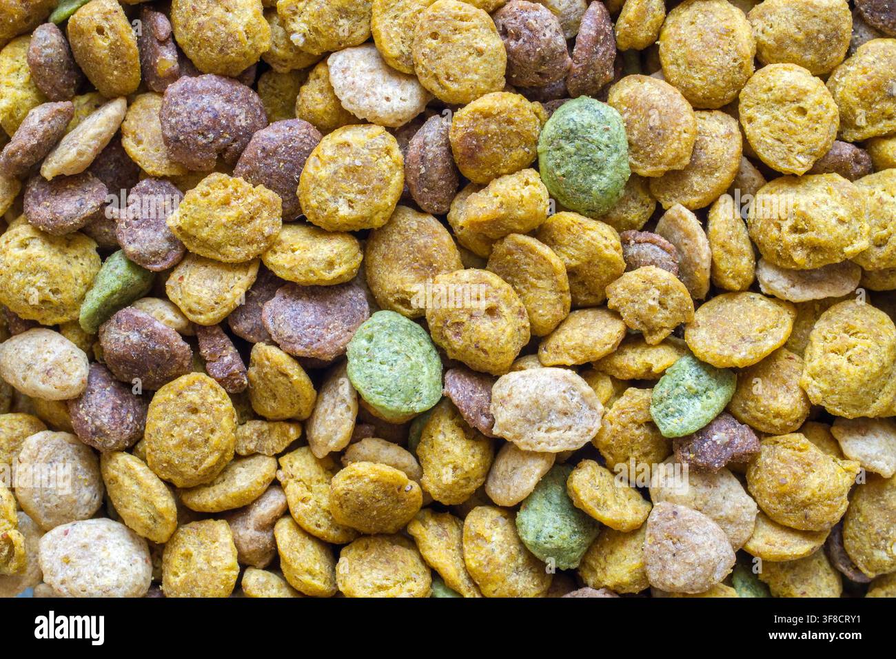 Cibo secco vitaminizzato per animali domestici. Cibo secco granulato multicolore per gatti e cani. Foto Stock