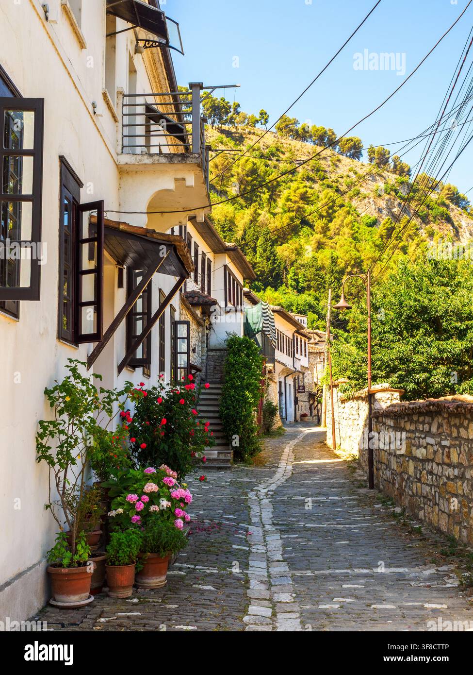 Casa in pietra in una strada stretta del quartiere vecchio di Gorica - Berat, Albania Foto Stock