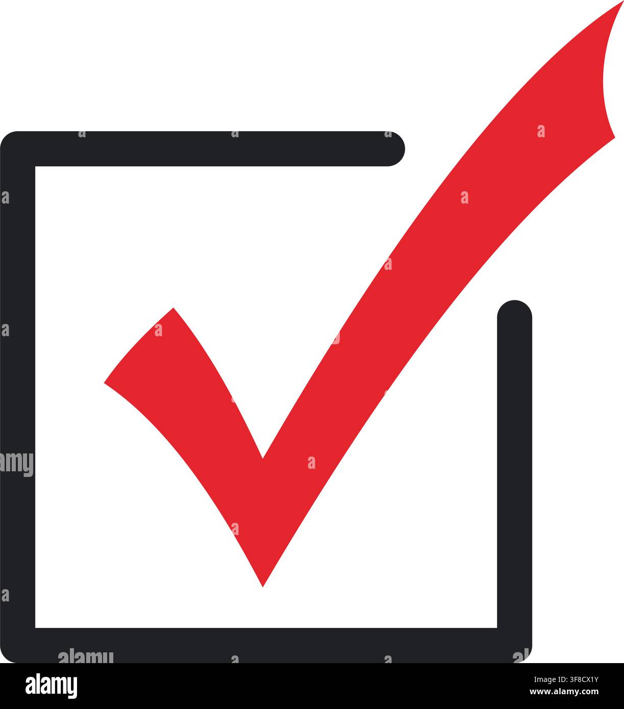 Segnino rosso in icona di casella di spunta nera aperta, simbolo di approvazione e conferma in grassetto per compito completato, verifica, lista di controllo, selezione, votazione Illustrazione Vettoriale