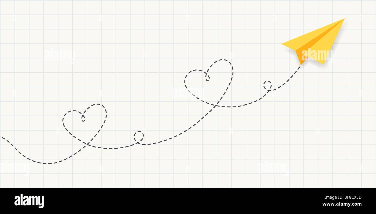 Forme a cuore disegnate con una linea tratteggiata continua. Aeroplano di carta origami giallo che vola lungo un percorso a forma di cuore tratteggiato su uno sfondo a quadretti di quaderno Illustrazione Vettoriale