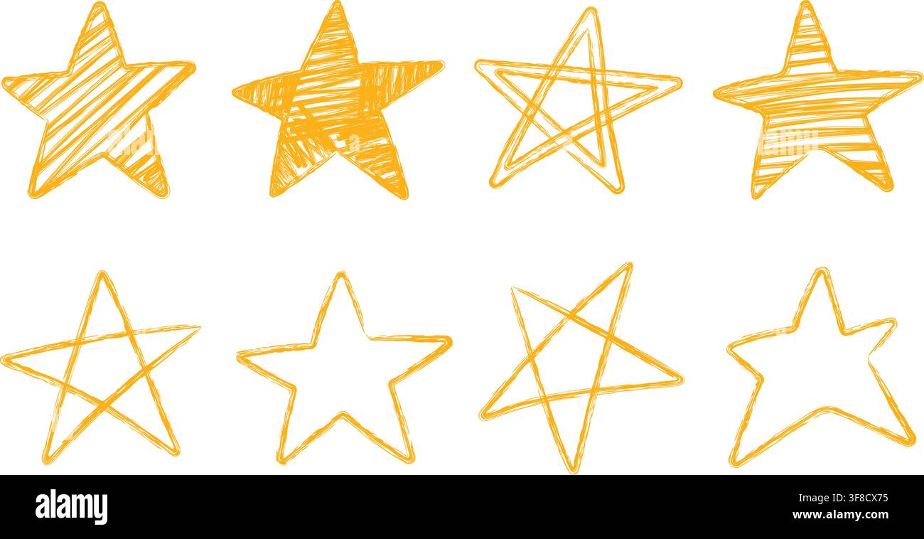 Set di otto stelle dorate disegnate a mano con strisce, scarabocchi e forme di contorno isolate, simboli di scarabocchio giocosi per valutazione, premio, successo Illustrazione Vettoriale