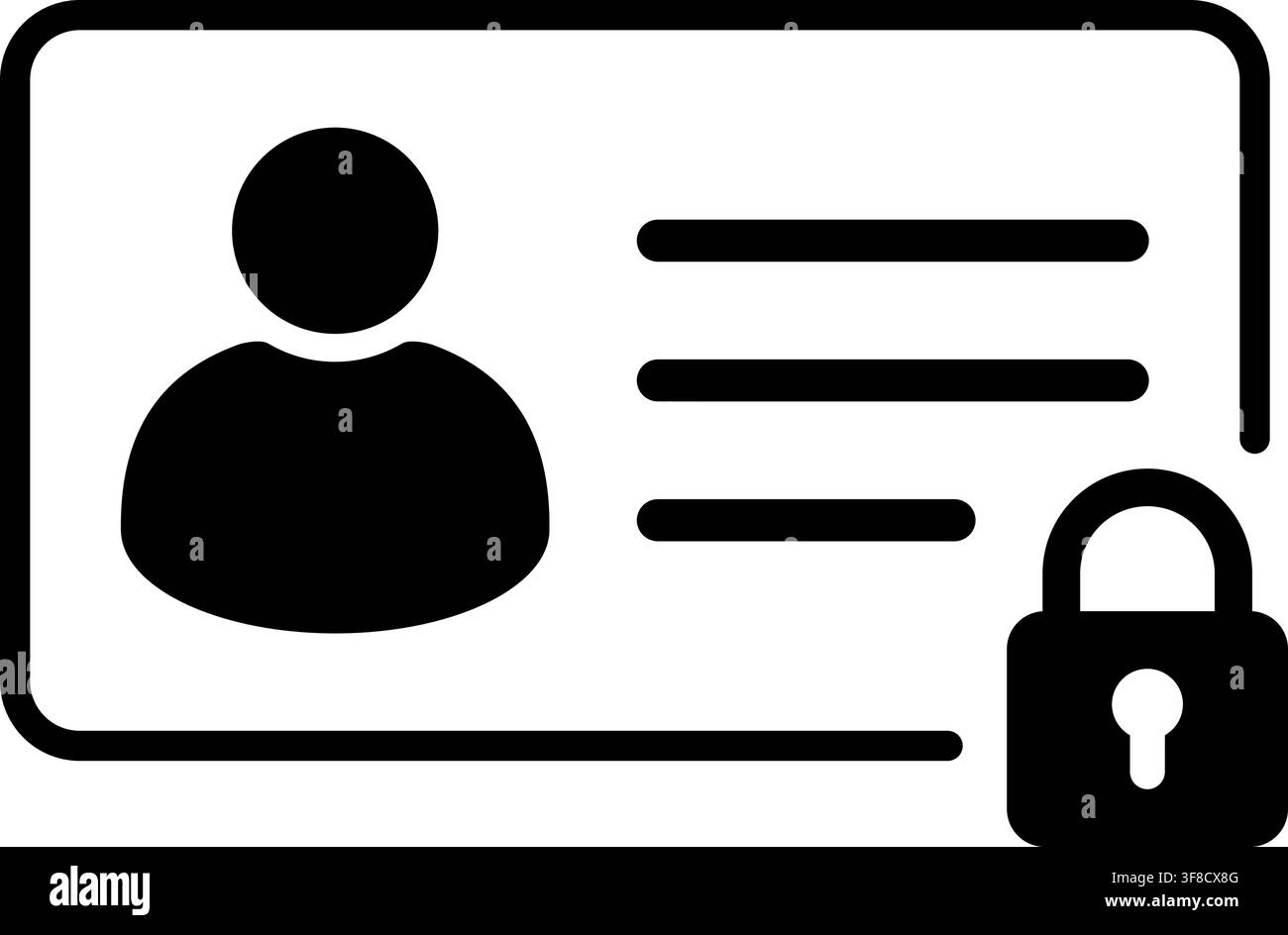 Icona della carta d'identità sicura con profilo utente, linee informative e lucchetto, identificazione personale, protezione dell'identità, privacy, controllo di accesso Illustrazione Vettoriale