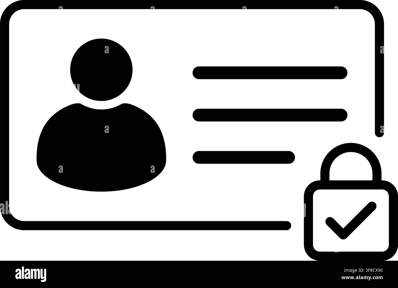 Icona della carta d'identità verificata sicura con profilo utente, linee di informazione, lucchetto e segno di spunta, protezione dell'identità, autenticazione, conto approvato Illustrazione Vettoriale