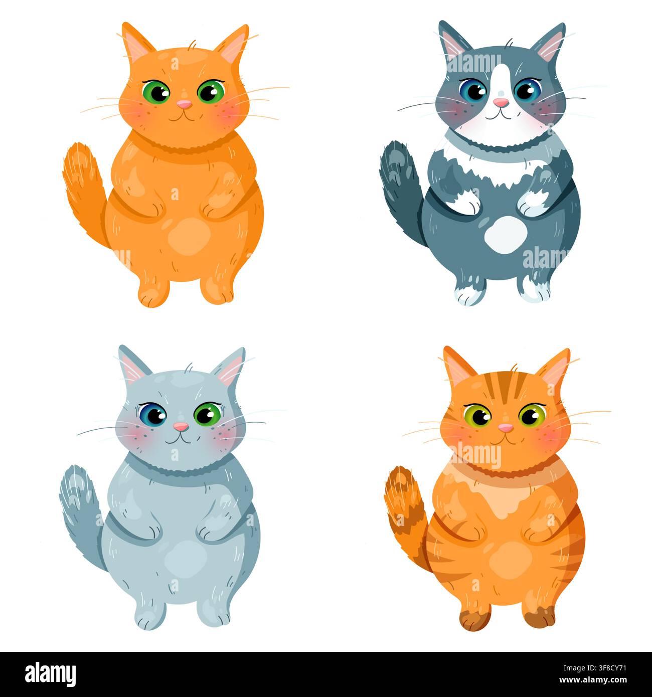 Collezione di vettori di personaggi gatti carini con quattro gatti domestici Illustrazione Vettoriale