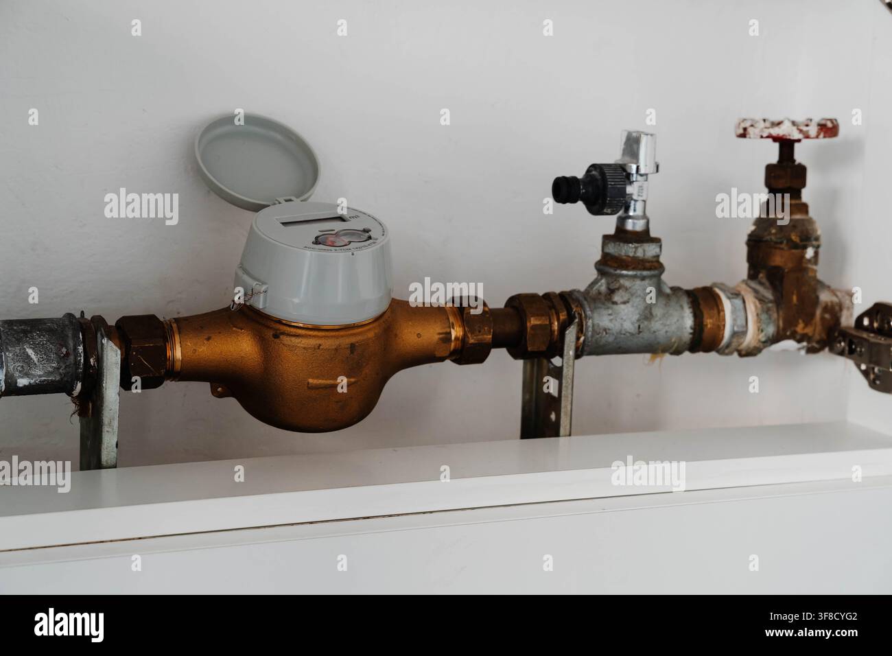 Contatore dell'acqua e valvola idraulica per l'ispezione dell'uso domestico dell'acqua. L'ispezione regolare del contatore supporta letture accurate, rilevamento delle perdite e fornitura Foto Stock
