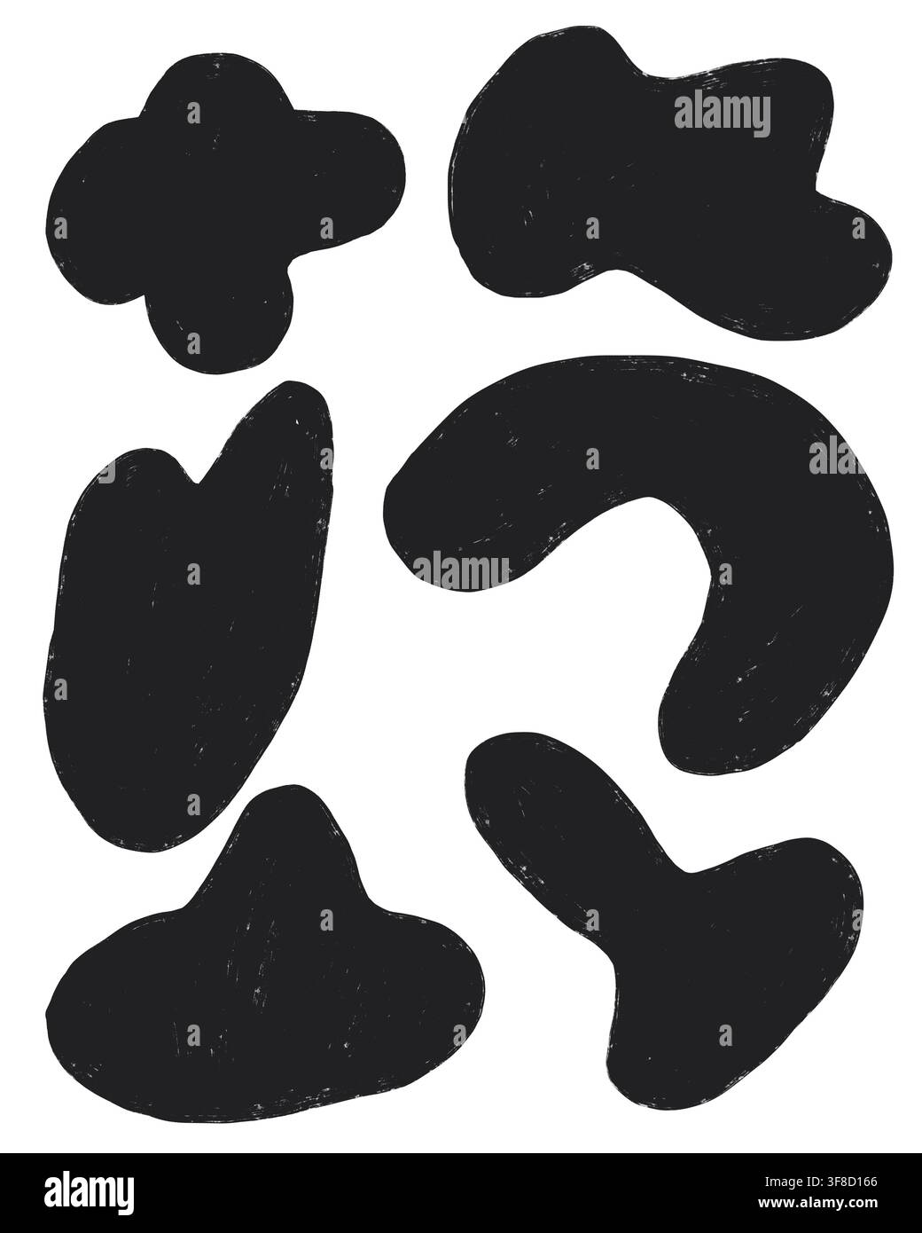 Un set di sei forme di blob organiche nere disegnate a mano con una finitura gessosa testurizzata, adatte per sfondi minimalisti audaci, elementi di branding moderni. Foto Stock