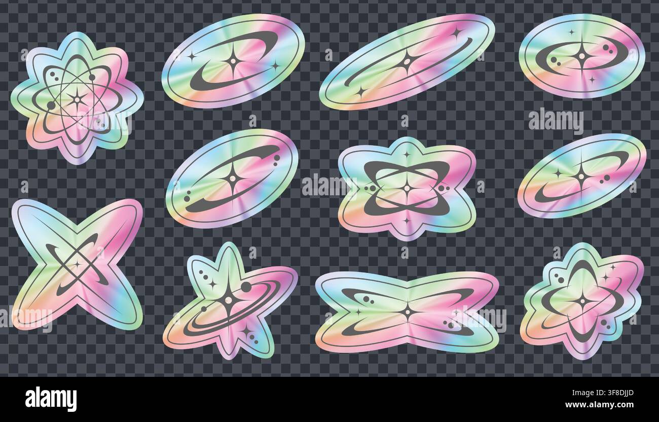 Set di adesivi olografici Y2K con sfumatura iridescente. Stelle e forme neon retrò degli anni '90, icone cromate alla moda per il design di feste rave e futuriste Illustrazione Vettoriale