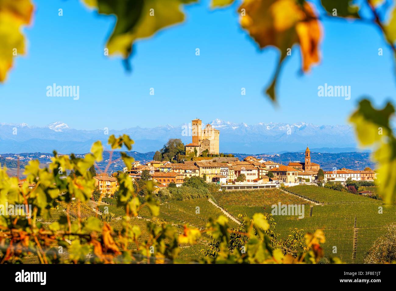 Paesaggio pittoresco del villaggio di Serralunga d'Alba circondato da vigneti e dalle Alpi innevate nel Piemonte, Italia, incorniciato da foglie autunnali Foto Stock
