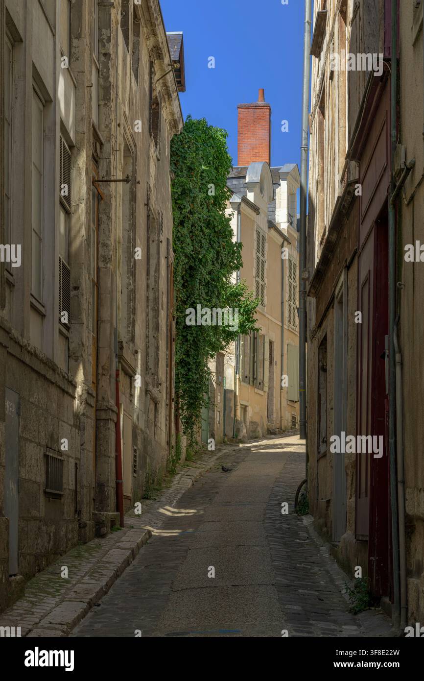 Viali tranquilli e allettanti si snodano tra vecchie case in pietra nella storica Blois, Francia, invitandoti a camminare e scoprire cosa c'è dietro ogni curva. Foto Stock