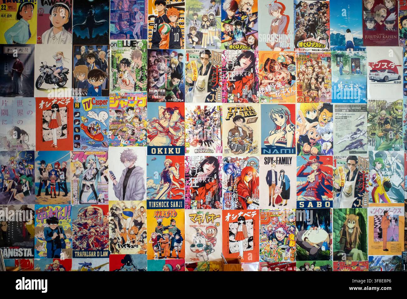 Collage colorata di copertine di riviste di manga e anime giapponesi con personaggi illustrati diversificati, opere comiche e popolare cultura pop giapponese Foto Stock