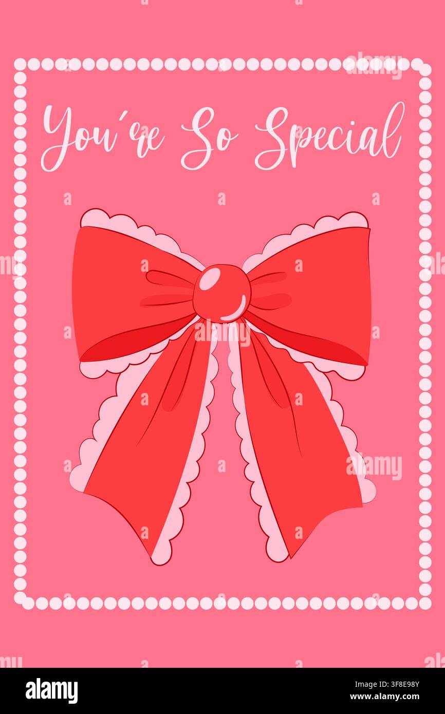 Biglietto di auguri rosso carino con un grande fiocco decorativo, bordo a punti e la scritta "Sei così speciale". Foto Stock