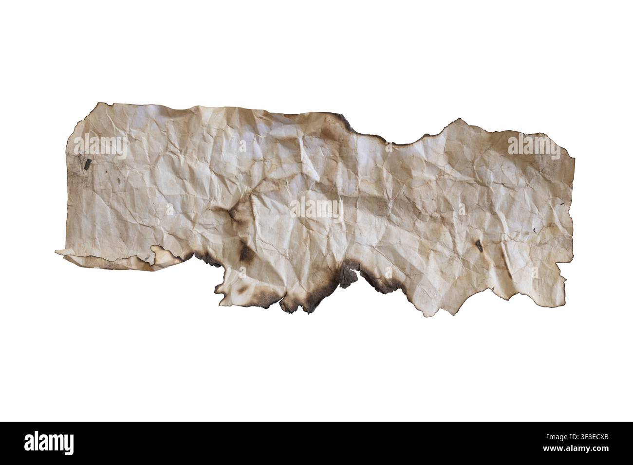 Frammento di carta bruciata vintage con texture raggrinzita su sfondo bianco — concetto storico e artistico Foto Stock