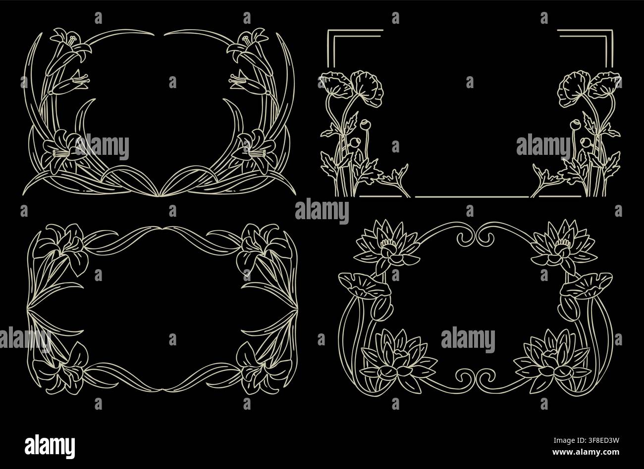Eleganti cornici floreali in delicata arte lineare. Illustrazione Vettoriale