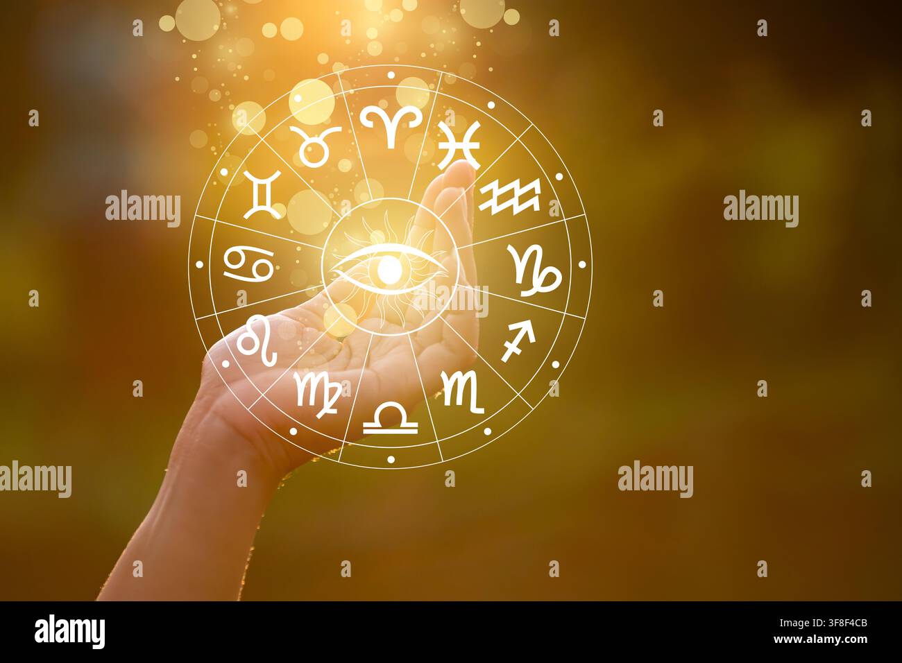 Ruota dello zodiaco dell'astrologia con l'occhio onniveggente nel palmo della mano, concetto di oroscopo Foto Stock
