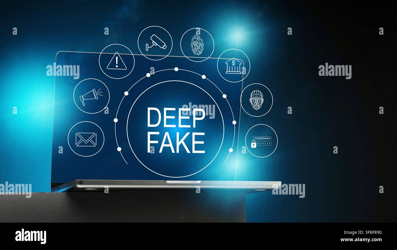 Il display digitale del laptop mostra vari simboli e il testo deep fake su uno sfondo scuro con accenti di luce blu Foto Stock