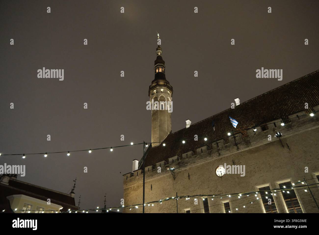Tallinn, Estonia-29 nov. 2025: Veduta notturna del Municipio di Tallinn, torre storica illuminata sullo sfondo del cielo scuro, vista dall basso Foto Stock