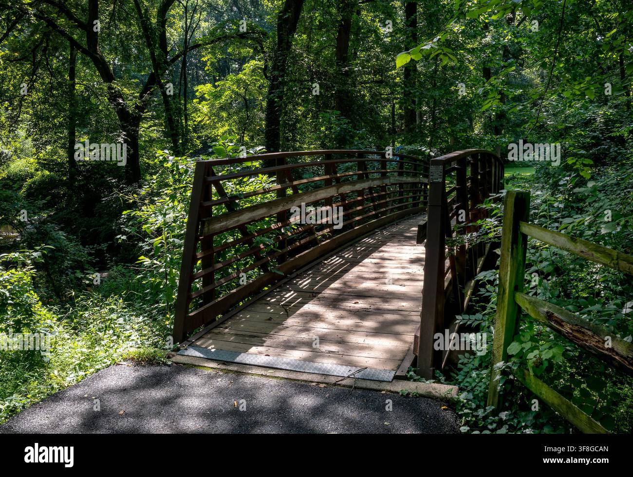 Un ponte pedonale curvo con una struttura in acciaio e un piano in legno, che sostiene un sentiero lastricato Foto Stock