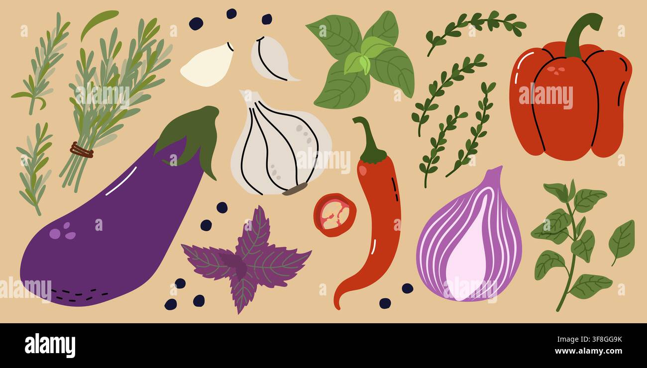 Set da cucina con erbe fresche e verdure Illustrazione Vettoriale