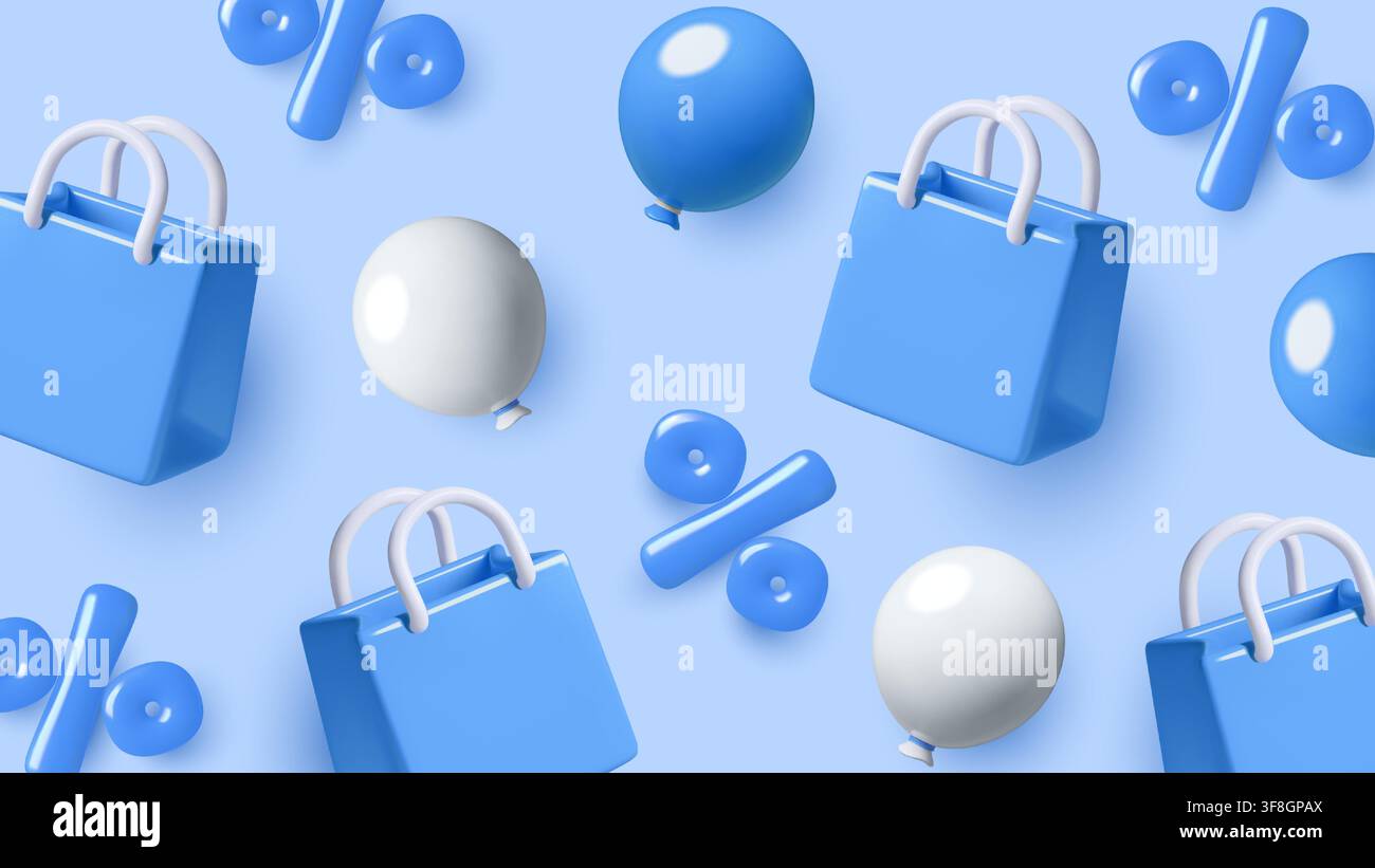 Sfondo con borse della spesa per una vendita con palloncini 3D e simboli percentuali a motivi per eventi di vendita al dettaglio per le festività Illustrazione Vettoriale