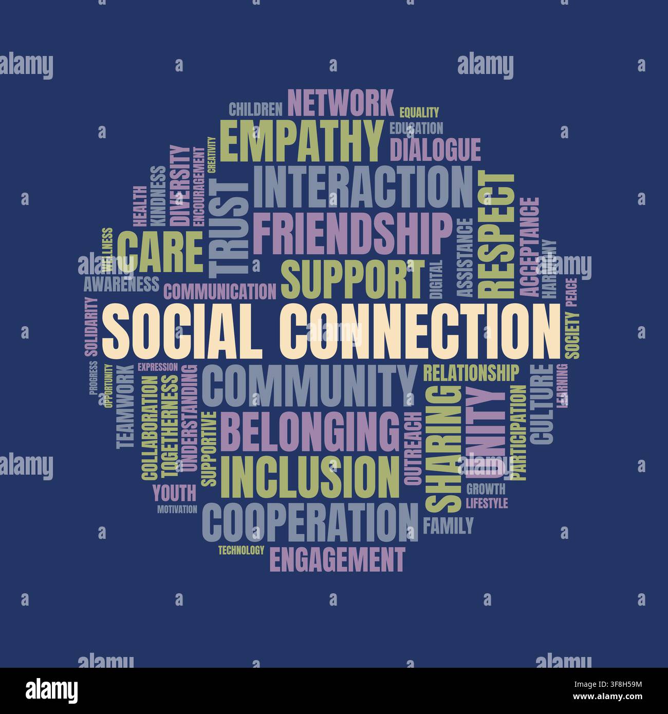 Una nuvola di parole tipografica circolare con termini relativi alla connessione sociale, alla comunità, all'inclusione e alla cooperazione su uno sfondo blu scuro. Illustrazione Vettoriale