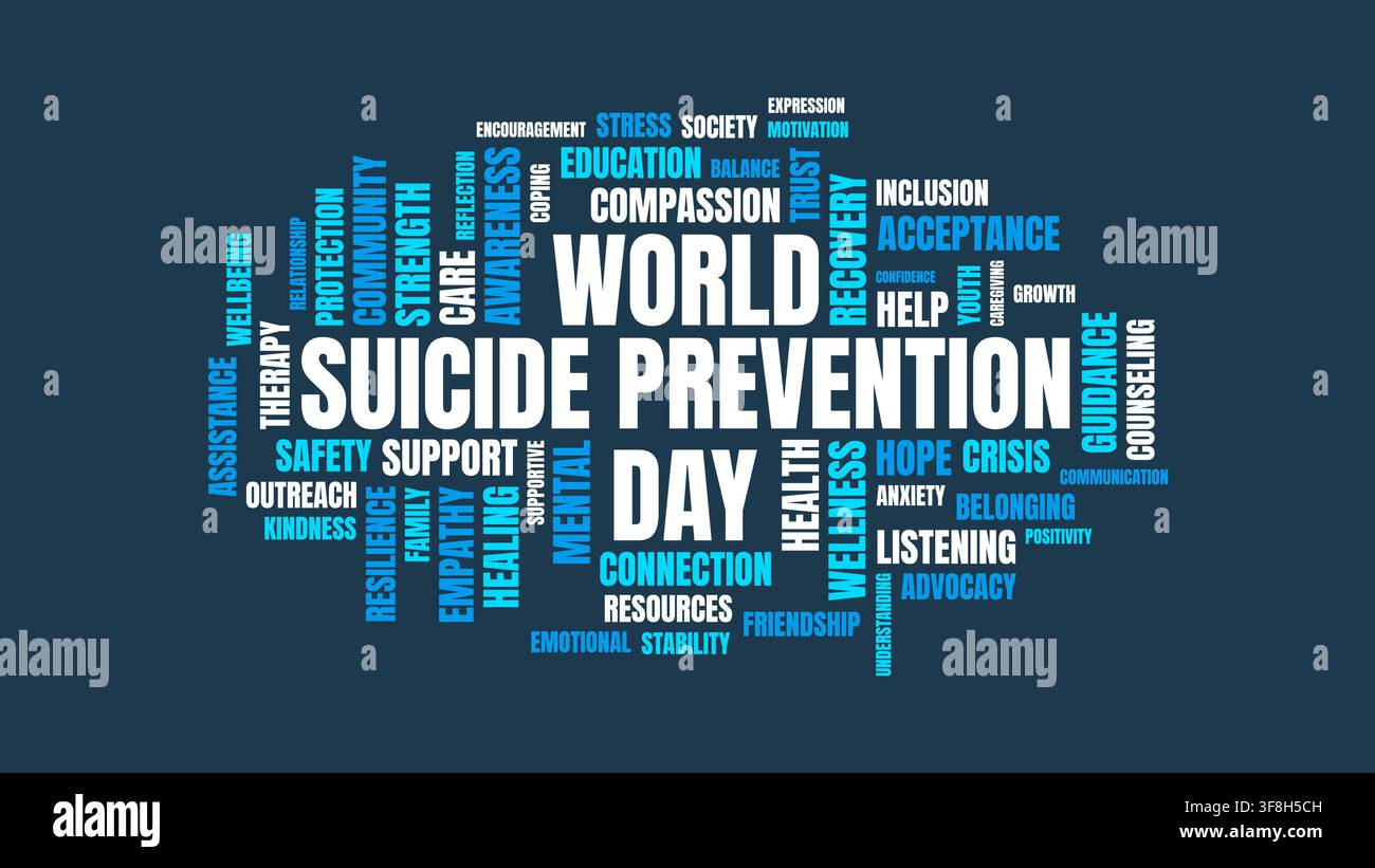Illustrazione di nuvola di parole tipografica per la Giornata mondiale della prevenzione del suicidio, con parole chiave relative al sostegno alla salute mentale, alla speranza e alla guarigione. Illustrazione Vettoriale