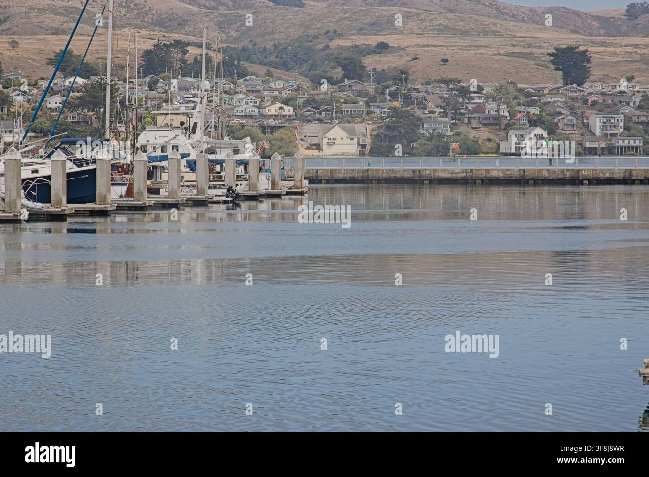 Edifici sul lungomare e barche ormeggiate si trovano su entrambi i lati delle acque calme del porto sotto le colline costiere aride di Bodega Bay, in California. Foto Stock