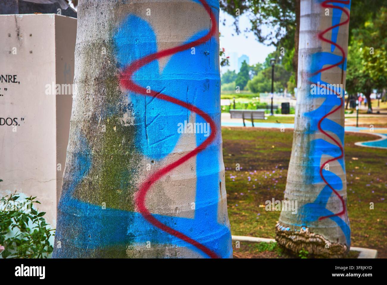 Palme con arte graffiti nel parco urbano Echo Park Lake di Los Angeles Foto Stock