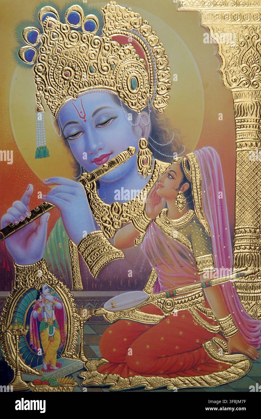 Illustrazione del Murlidhar (Signore Krishna) suonatore di flauto, dio indù della protezione, della compassione, della tenerezza e dell'amore Foto Stock