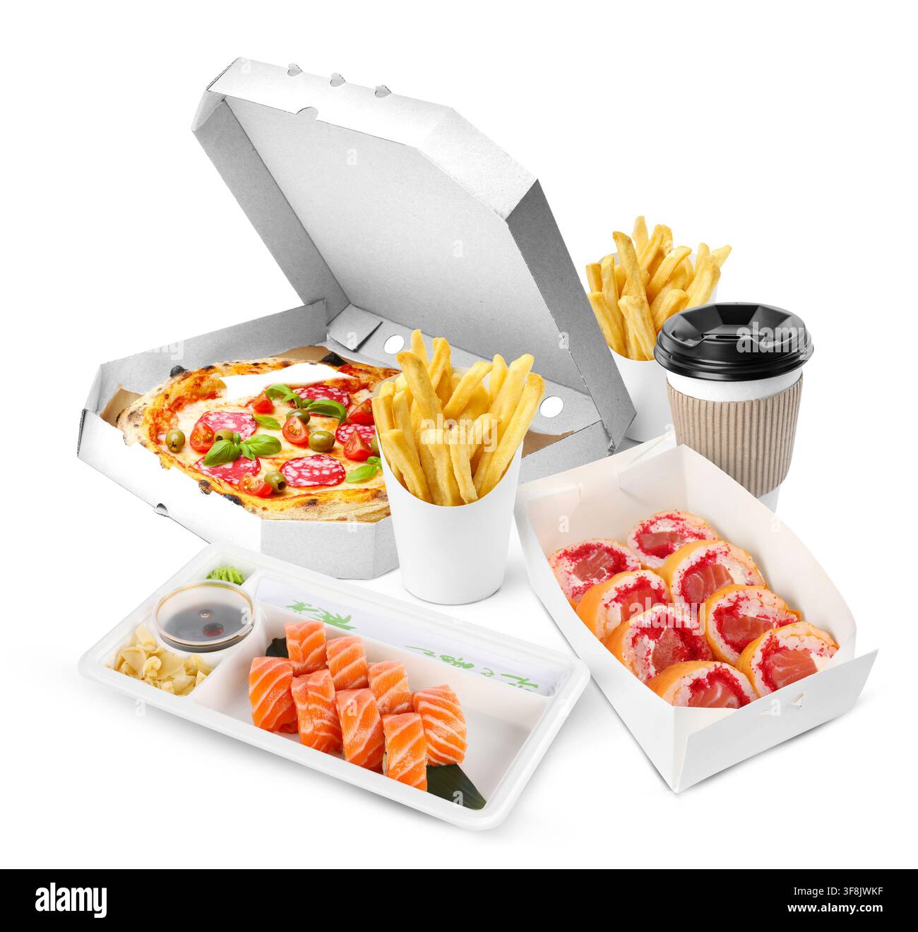Servizio di consegna cibo. Diversi pasti e bevande in confezioni da asporto su sfondo bianco Foto Stock