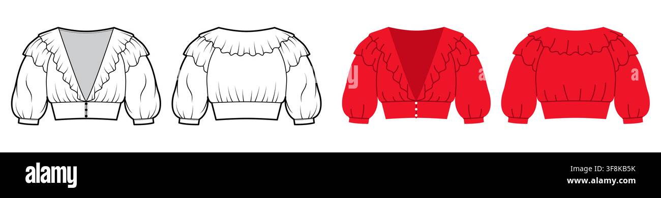 Illustrazione tecnica di moda di una camicetta a volant con scollo a V accorciato, con maniche lunghe a sbuffo e cintura aderente. Disegno lineare pulito che mostra uno scollo a volant sovrapposto e linee di costruzione lisce sul retro. Illustrazione Vettoriale