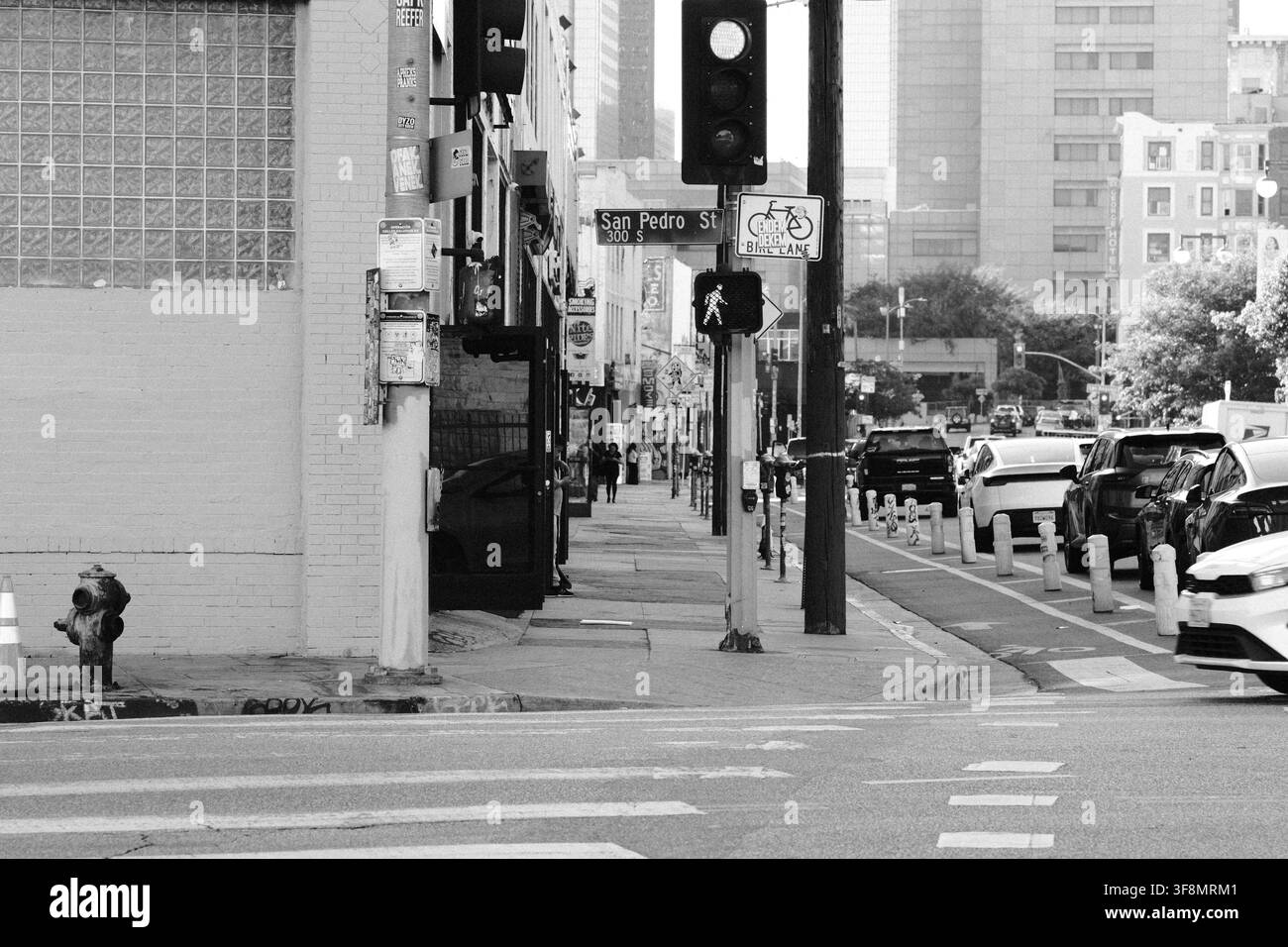 Vista lungo la San Pedro Street nel centro di Los Angeles, California, con una pista ciclabile protetta, auto parcheggiate e grattacieli in lontananza. Foto Stock