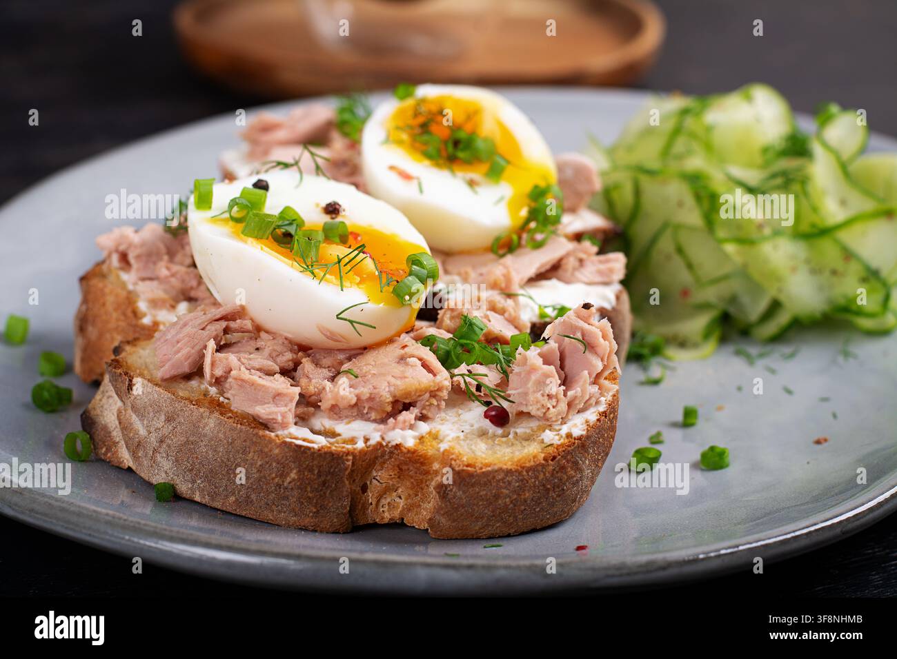 Panini aperti al tonno con uovo e insalata di cetrioli Foto Stock