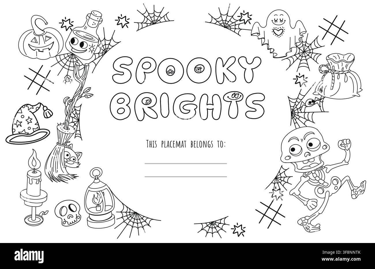 Foglio attività da colorare per Halloween carino per bambini. Sfondo artistico con linee luminose e spaventose creative. Minimalista personalizzabile disegnato a mano Foto Stock