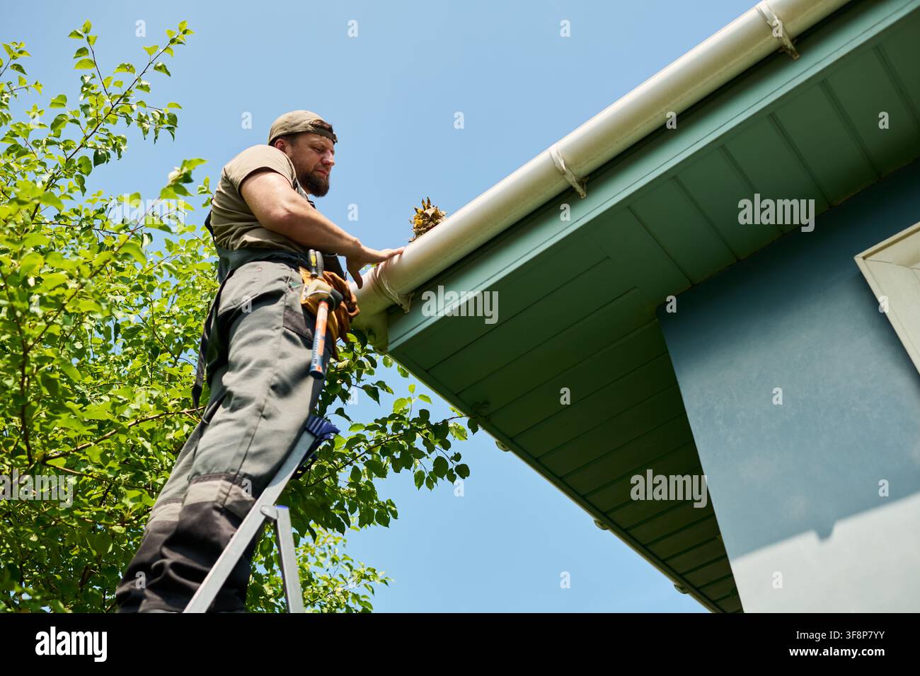 Uomo su scala che pulisce le grondaie della casa da foglie e detriti Foto Stock