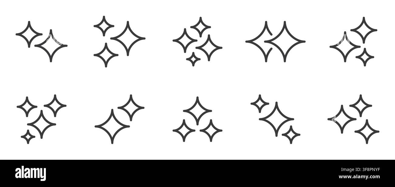 Set di icone lineari AI Sparkle. Stella di intelligenza artificiale generativa, assistente intelligente, auto-miglioramento, lucentezza, brillantini, simbolo pulito vettore lineare minimale Illustrazione Vettoriale