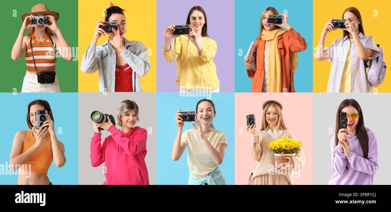 Collage di giovani donne diverse che tengono varie fotocamere e videocamere, catturando momenti con stili ed espressioni diversi Foto Stock