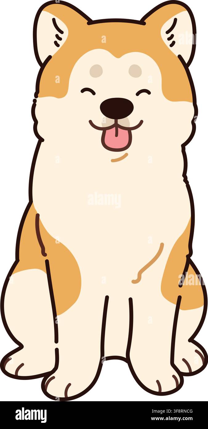 Semplice e adorabile cane Akita sorridente delineato seduto di fronte Illustrazione Vettoriale