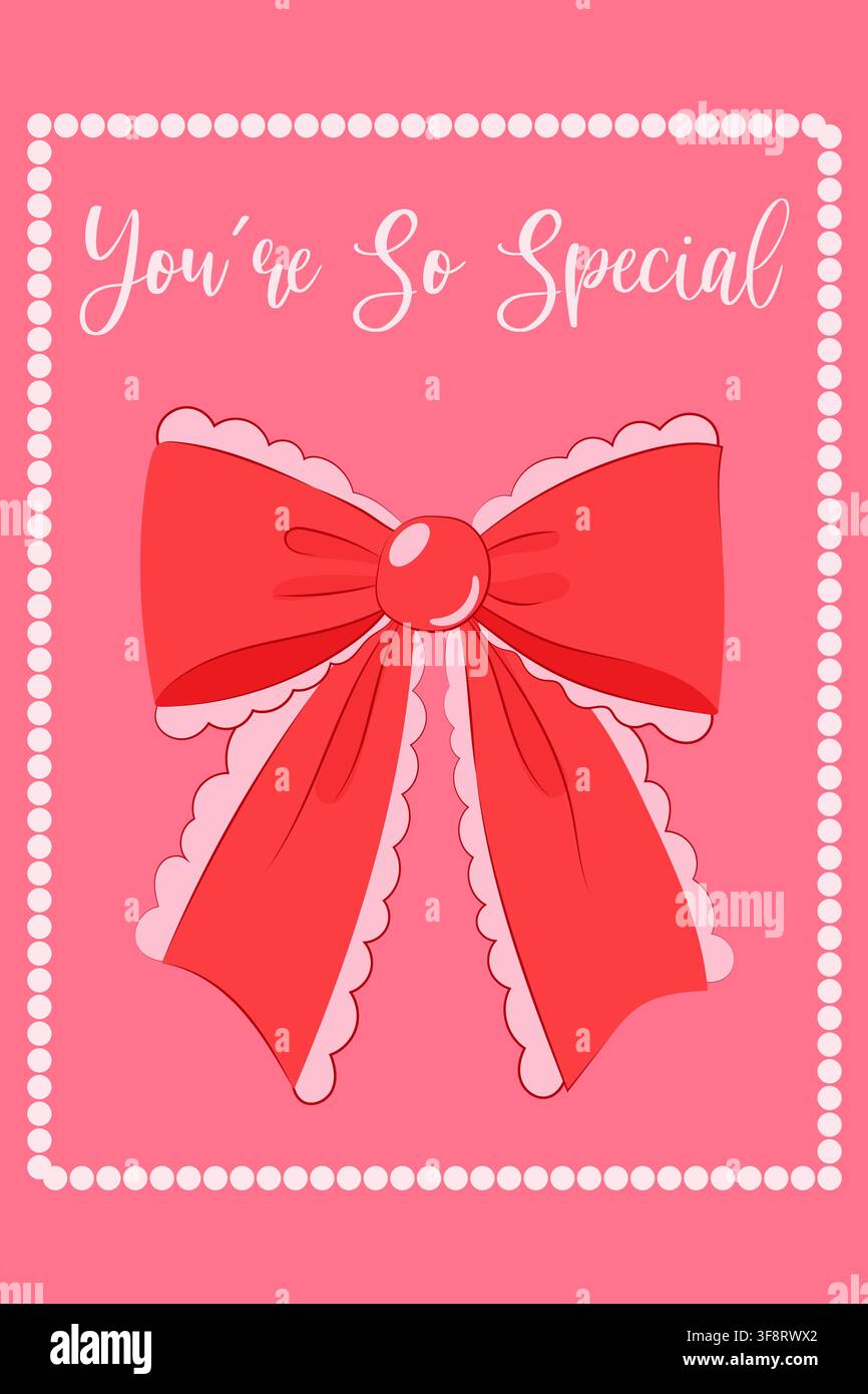 Biglietto di auguri rosso carino con un grande fiocco decorativo, bordo a punti e la scritta "Sei così speciale". Illustrazione Vettoriale