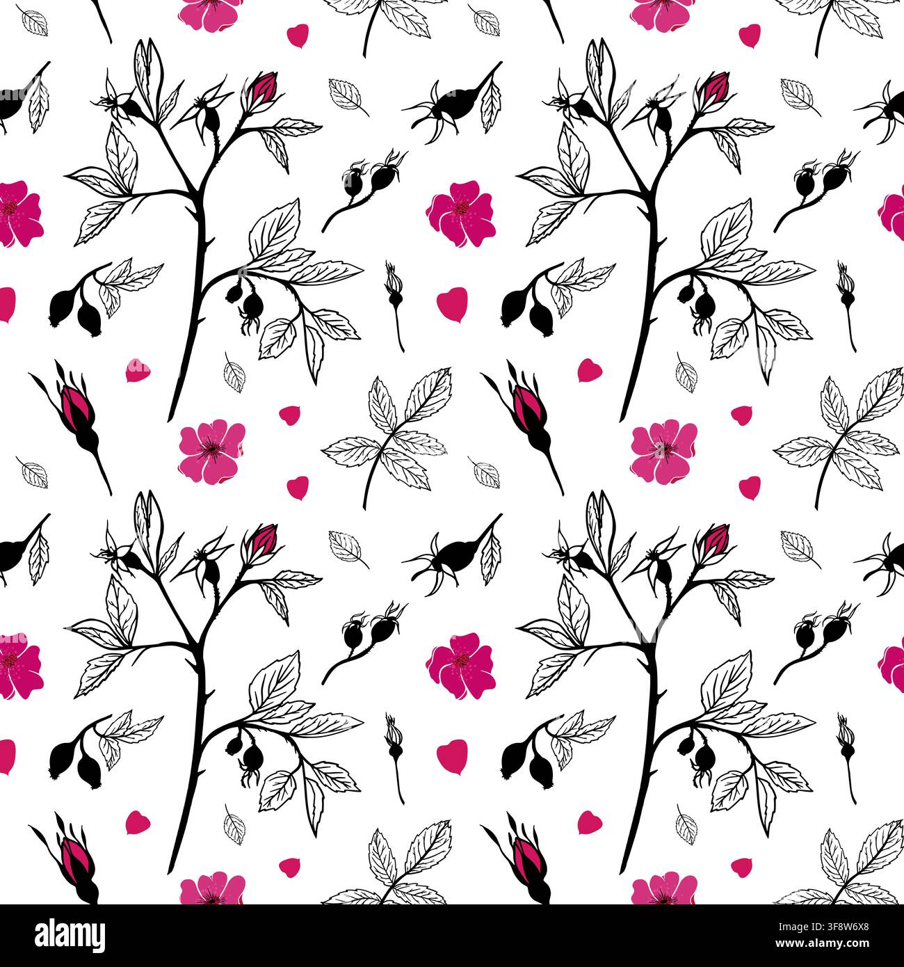 Modello vettoriale senza cuciture con fiori di rosa canina rosa, rami neri in contorno, foglie e bacche su sfondo bianco. Stampa floreale botanica per biglietti. Illustrazione Vettoriale