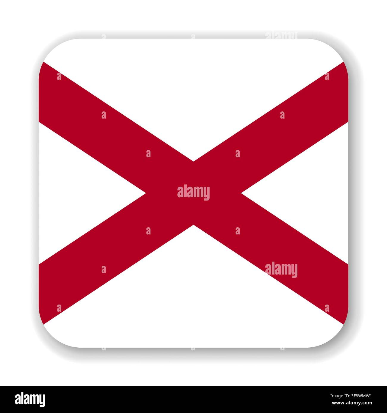 Bandiera dello stato dell'Alabama a forma di quadrato arrotondato. Parte degli Stati Uniti d'America. Design pulito per stampa, web o uso didattico. Illustrazione vettoriale con ombra proiettata su sfondo bianco. Illustrazione Vettoriale