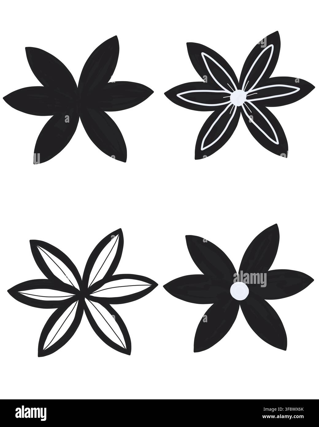 Un set di quattro silhouette di fiori a forma di stella nere disegnate a mano con petali appuntiti, alcune con dettagli di contorno bianchi, per il branding botanico. Foto Stock